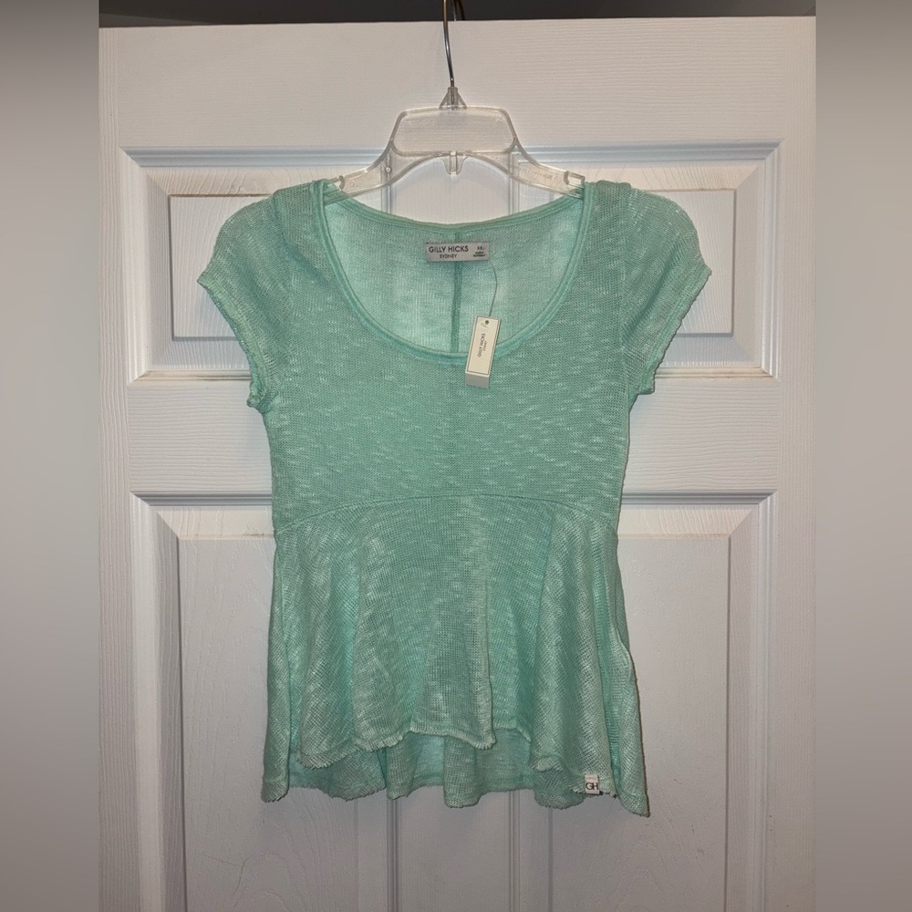 NWT Y2K GILLY HICKS KNIT SHEER FLOWY BABYDOLL SHORT SLEEVE TOP MINT GREEN XS